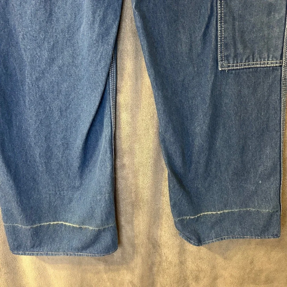 Liberty Mens 32W Blue Denim Bib Overalls Green Zipper Workwear Carpenter Pants